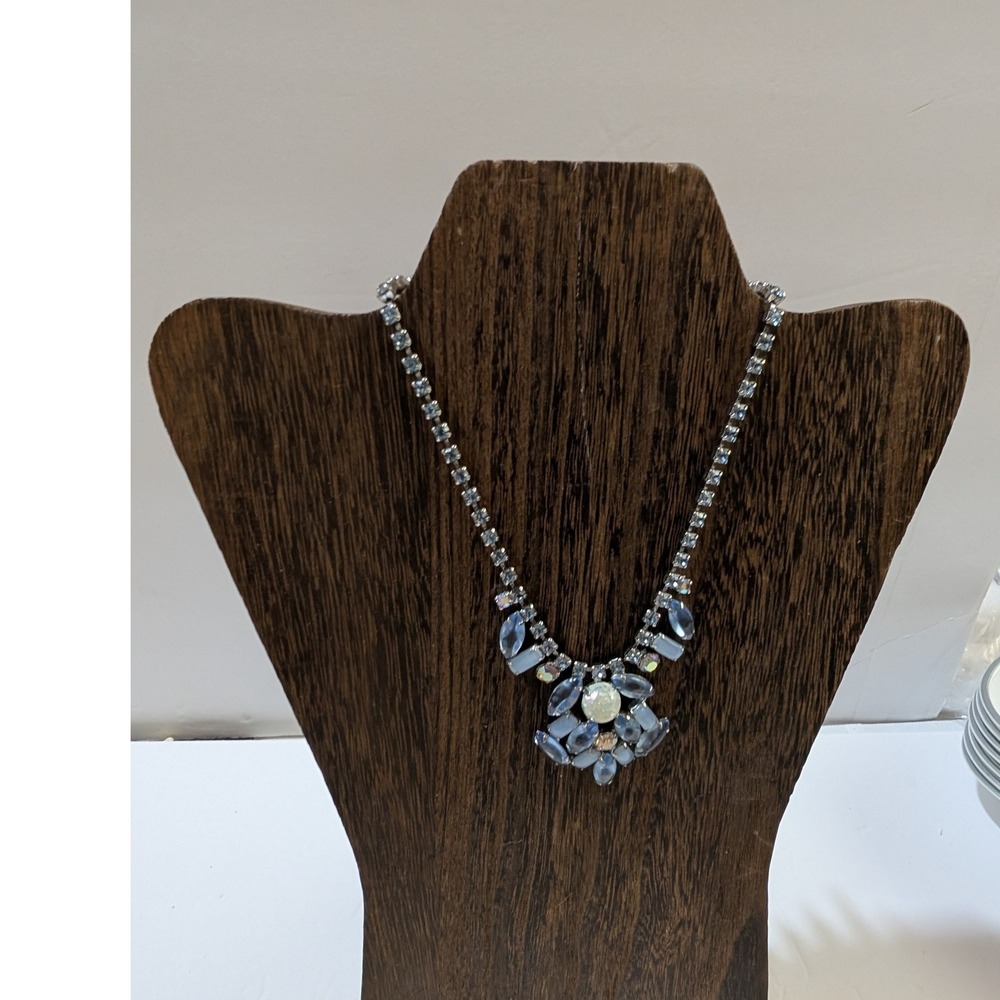Vintage Light Blue Rhinestone Milk Glass Statement Necklace Silver Tone 16 Inch